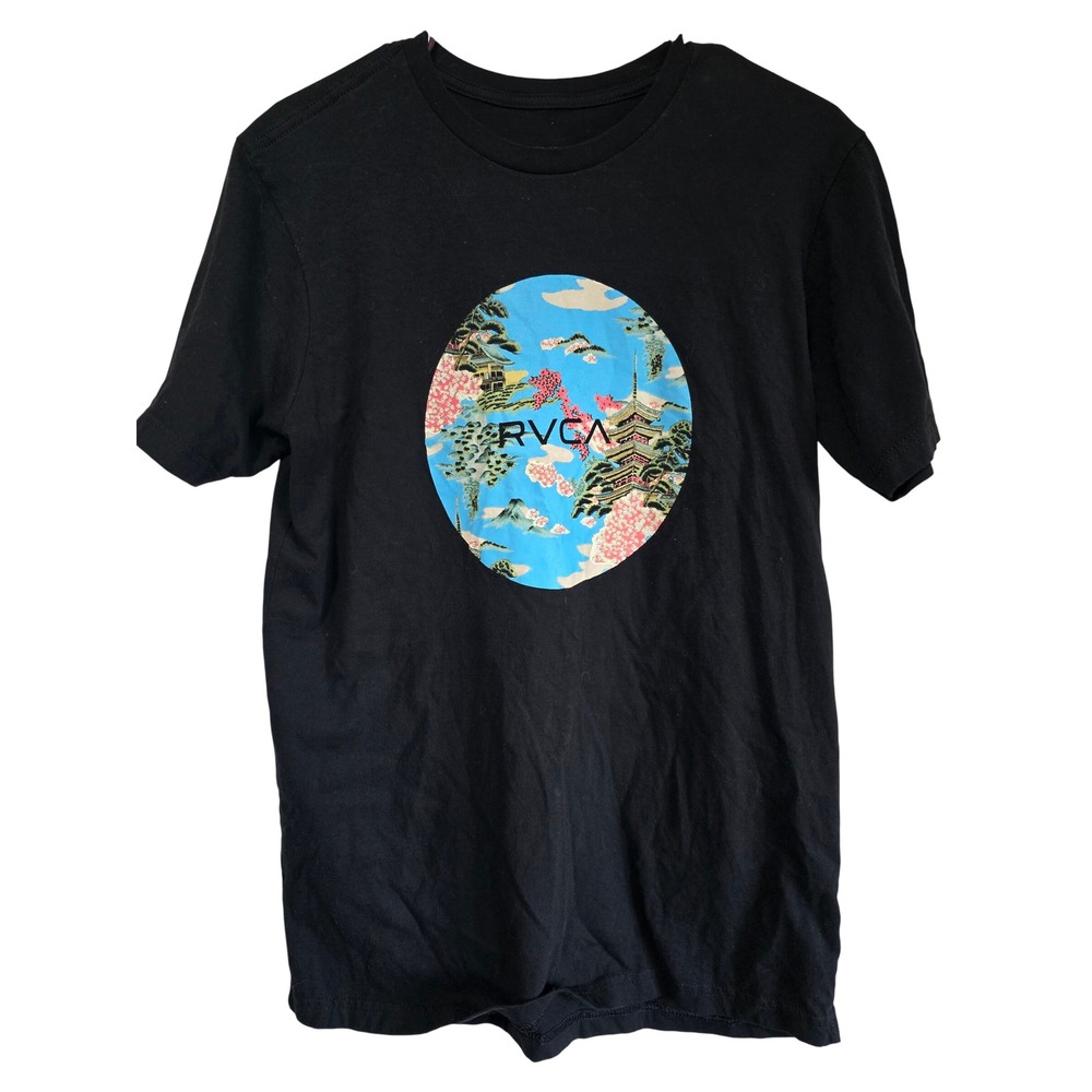RVCA Mens Black Graphic T-Shirt Pagoda Cherry Blossom Landscape Size Medium EUC